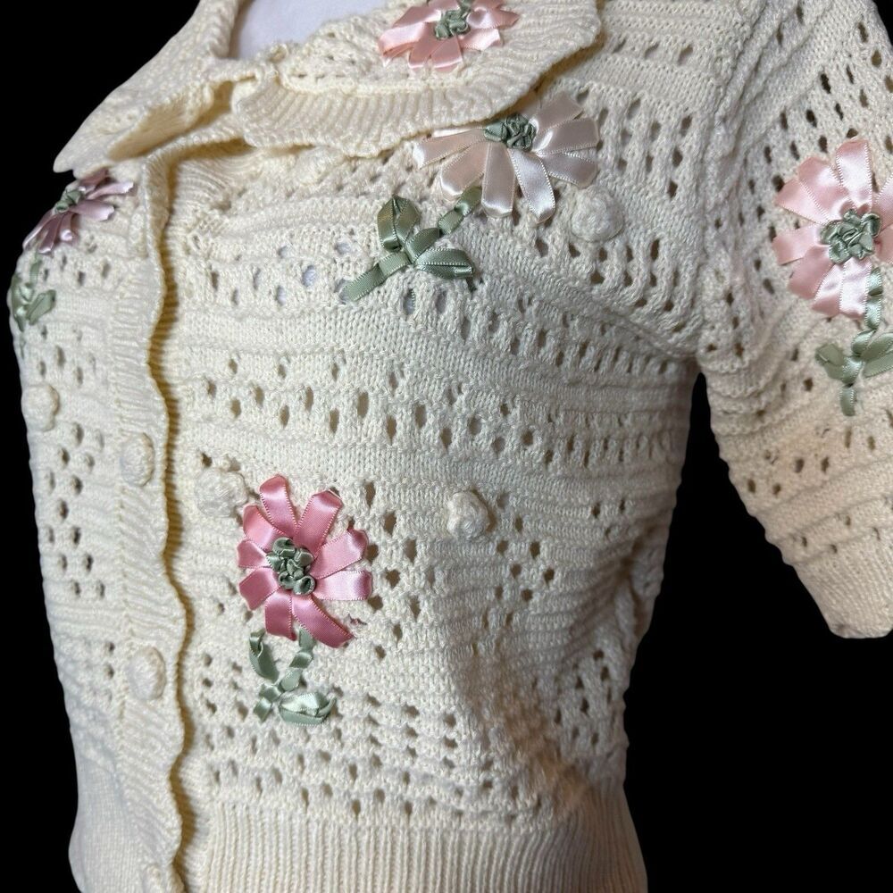 Y2K Open Knit Crochet Polo Sweater Button Up Top Floral Cottage Fairy Peasant - Picture 4 of 7